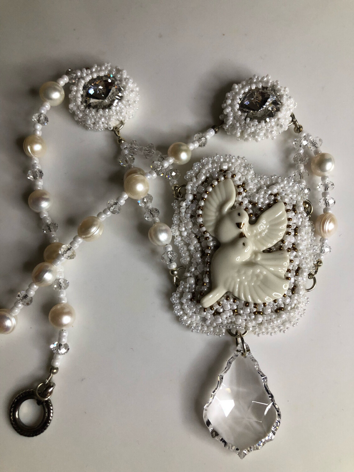 White Doves Bead Embroidery Necklace and Earrings
