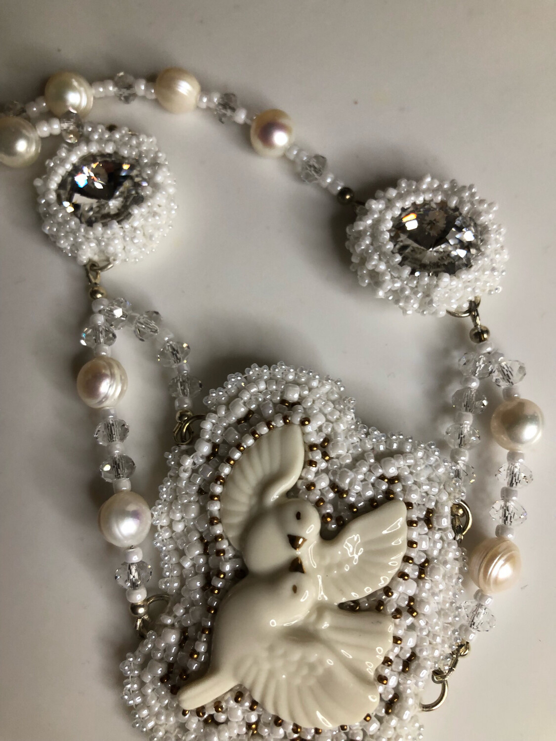 White Doves Bead Embroidery Necklace and Earrings