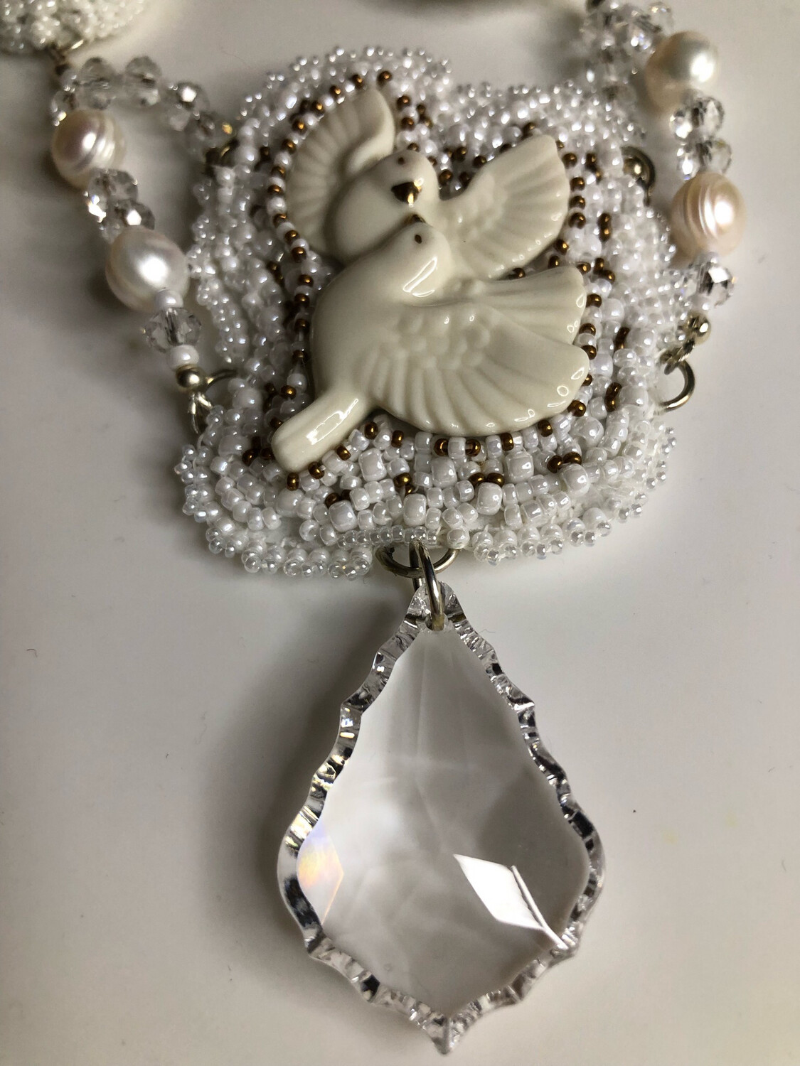 White Doves Bead Embroidery Necklace and Earrings