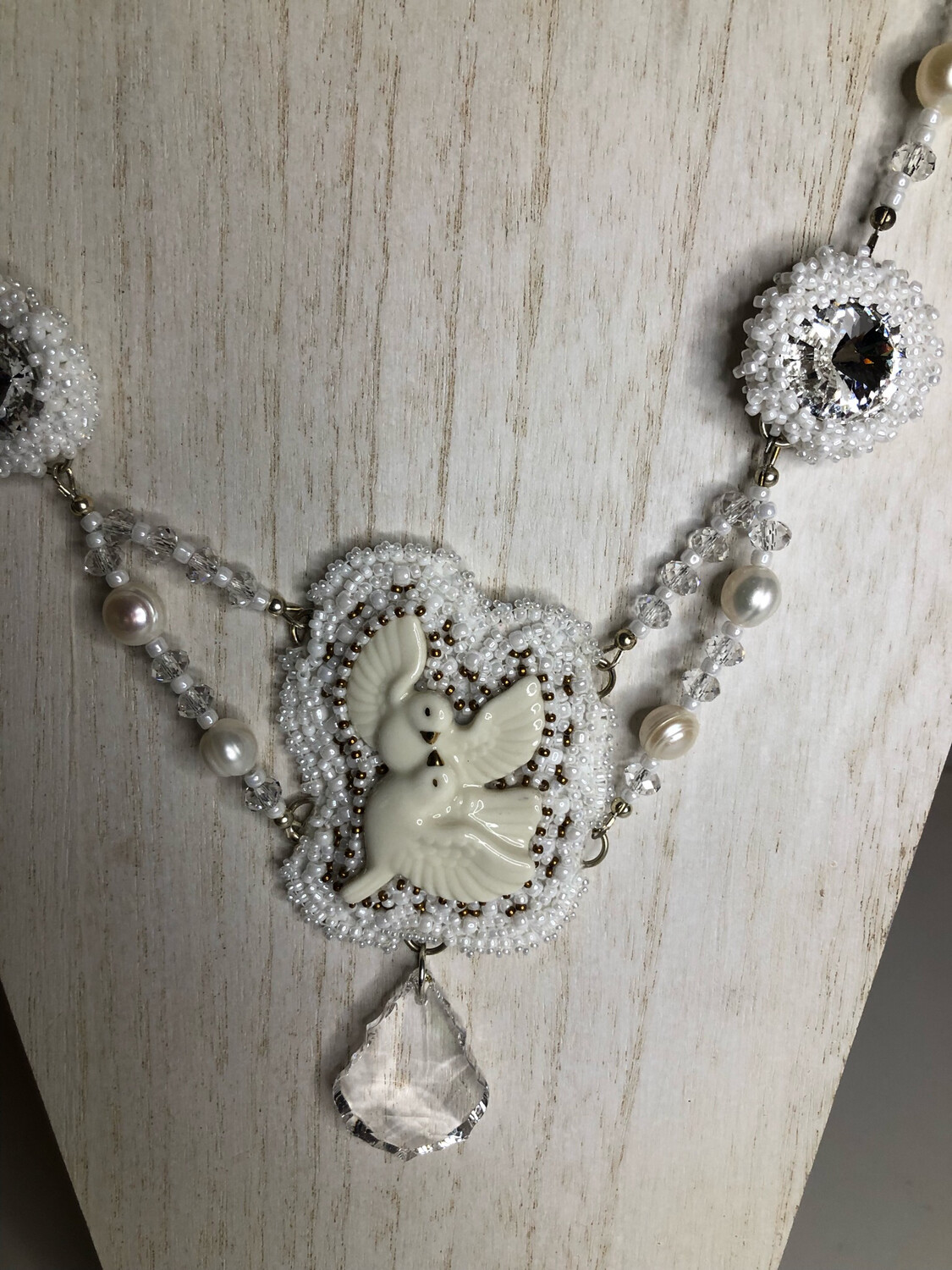 White Doves Bead Embroidery Necklace and Earrings
