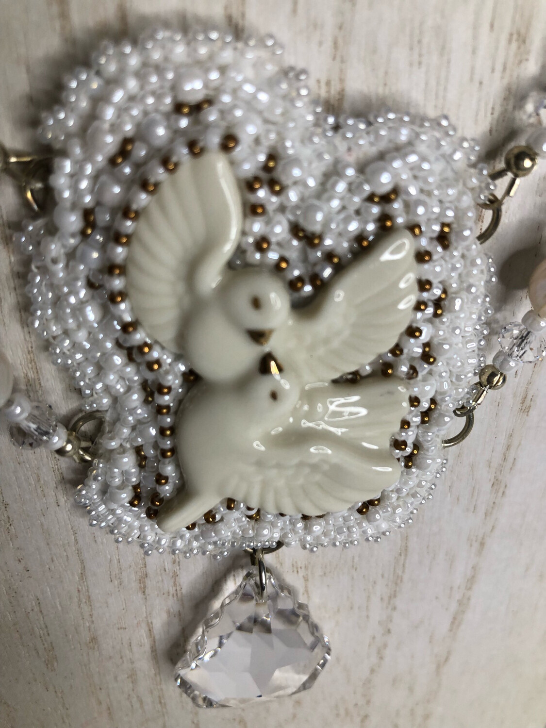 White Doves Bead Embroidery Necklace and Earrings