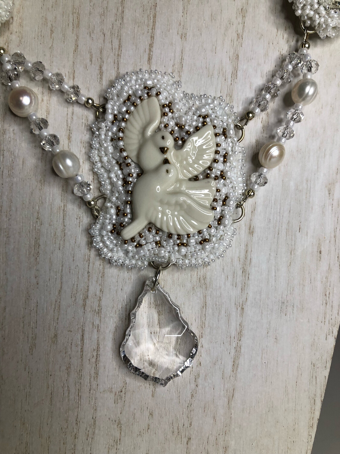 White Doves Bead Embroidery Necklace and Earrings
