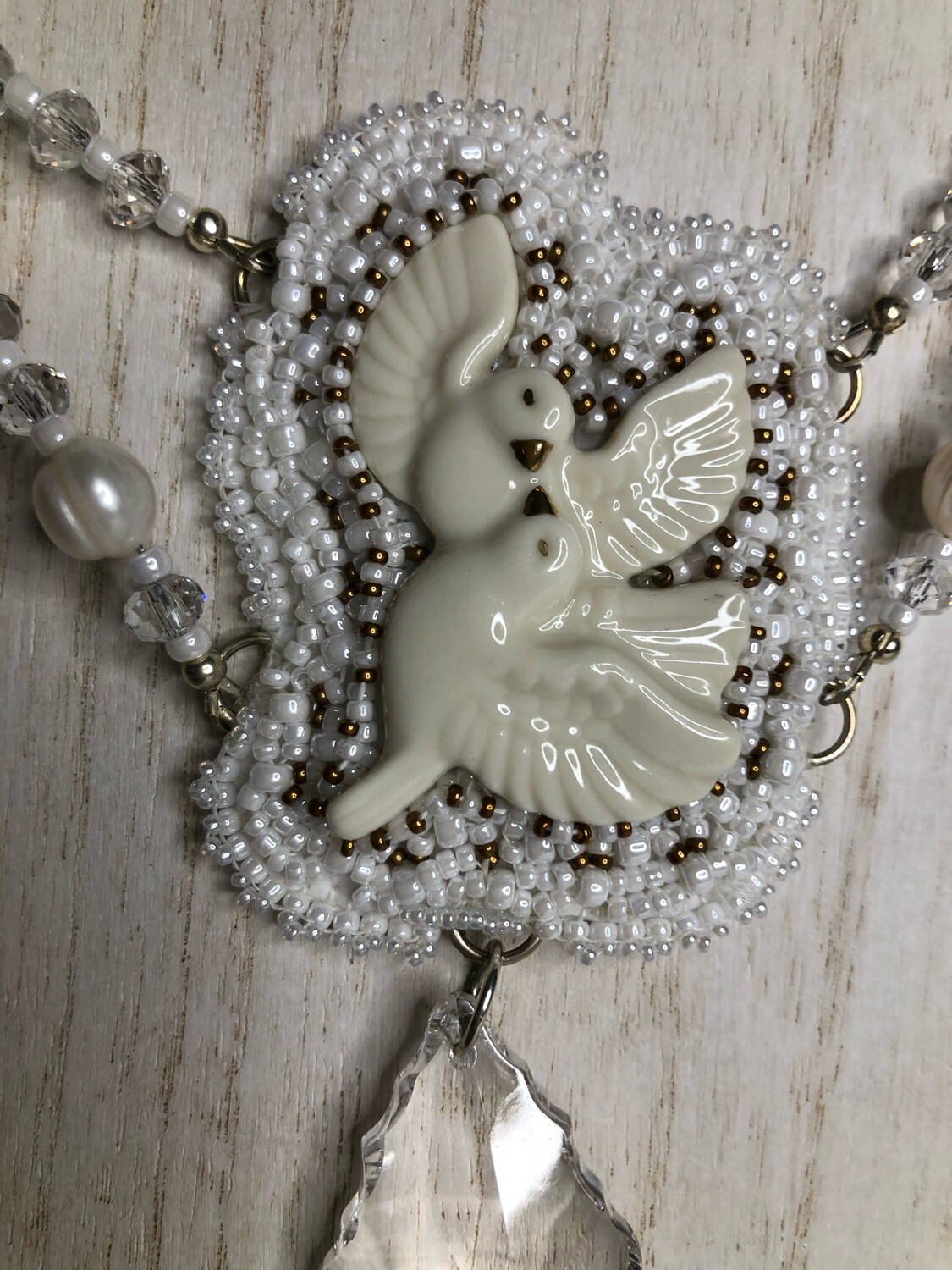 White Doves Bead Embroidery Necklace and Earrings