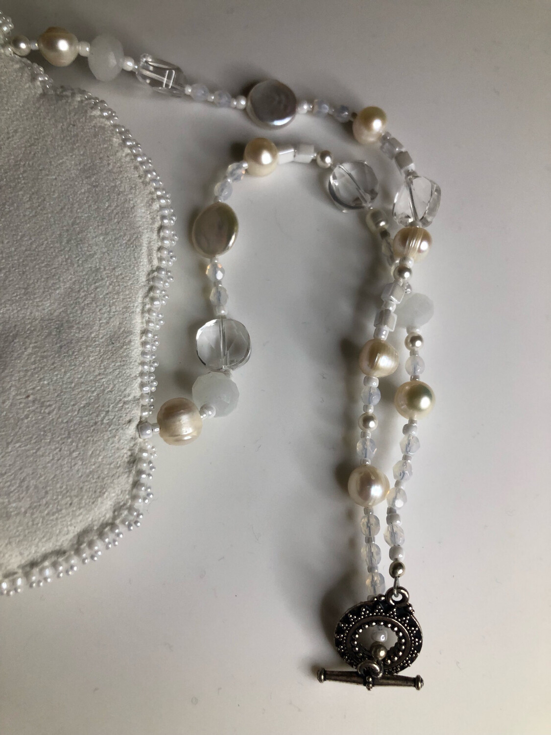 Crystals And Pearls Ivory Shibori Ribbon Necklace