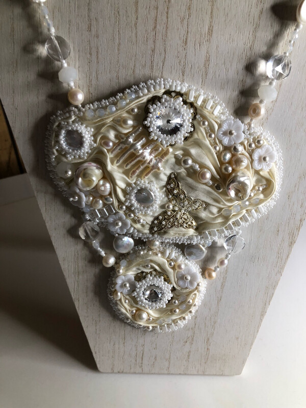 Crystals And Pearls Ivory Shibori Ribbon Necklace