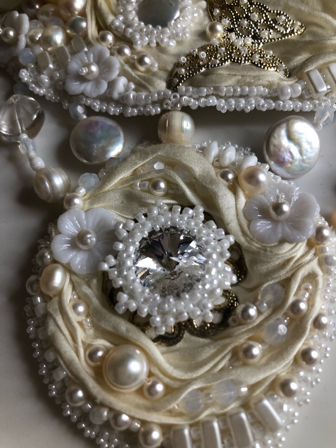 Crystals And Pearls Ivory Shibori Ribbon Necklace