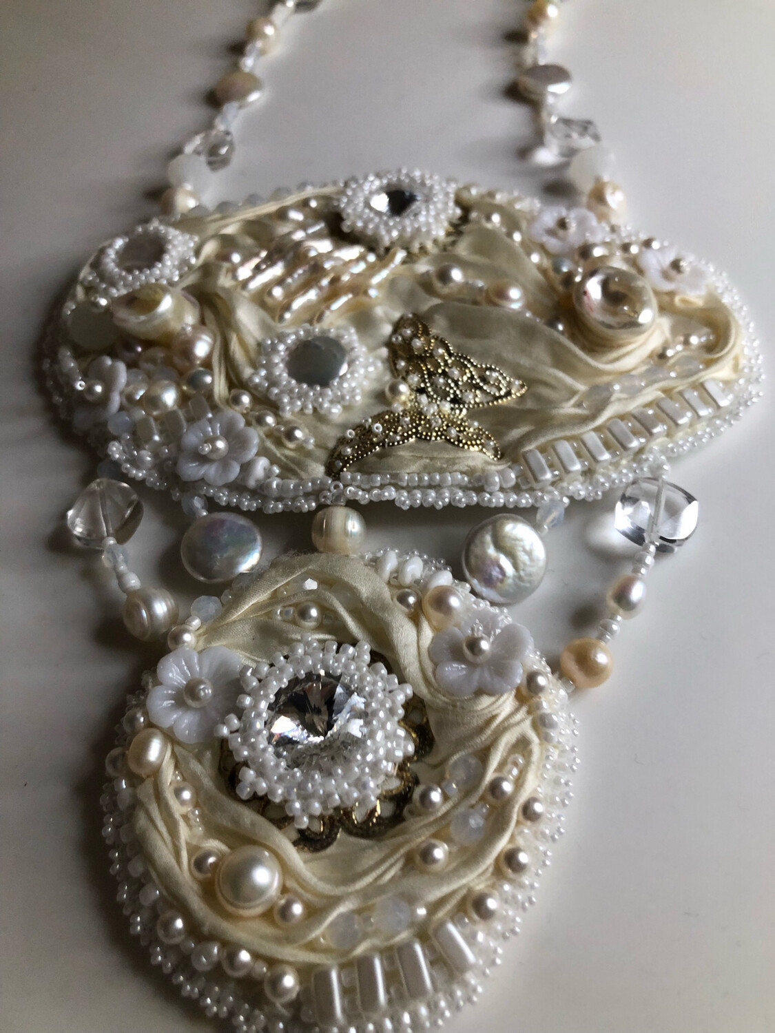 Crystals And Pearls Ivory Shibori Ribbon Necklace