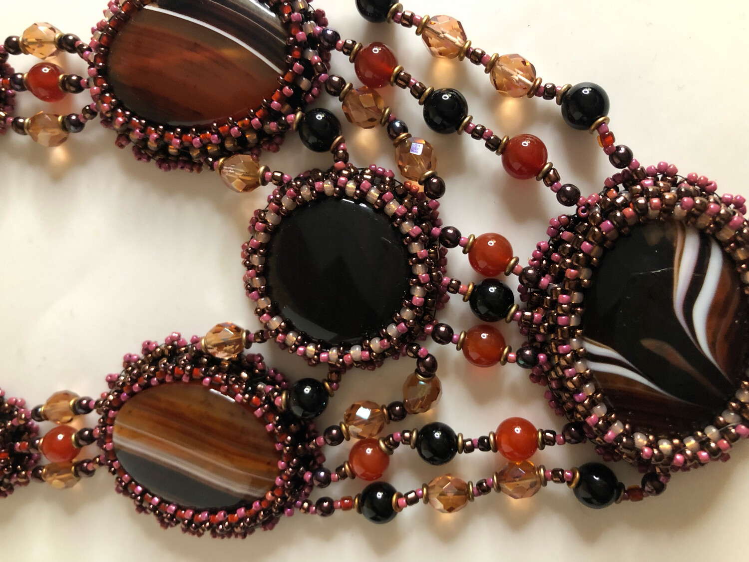 Rusted Red Agate Bead Embroidery Necklace