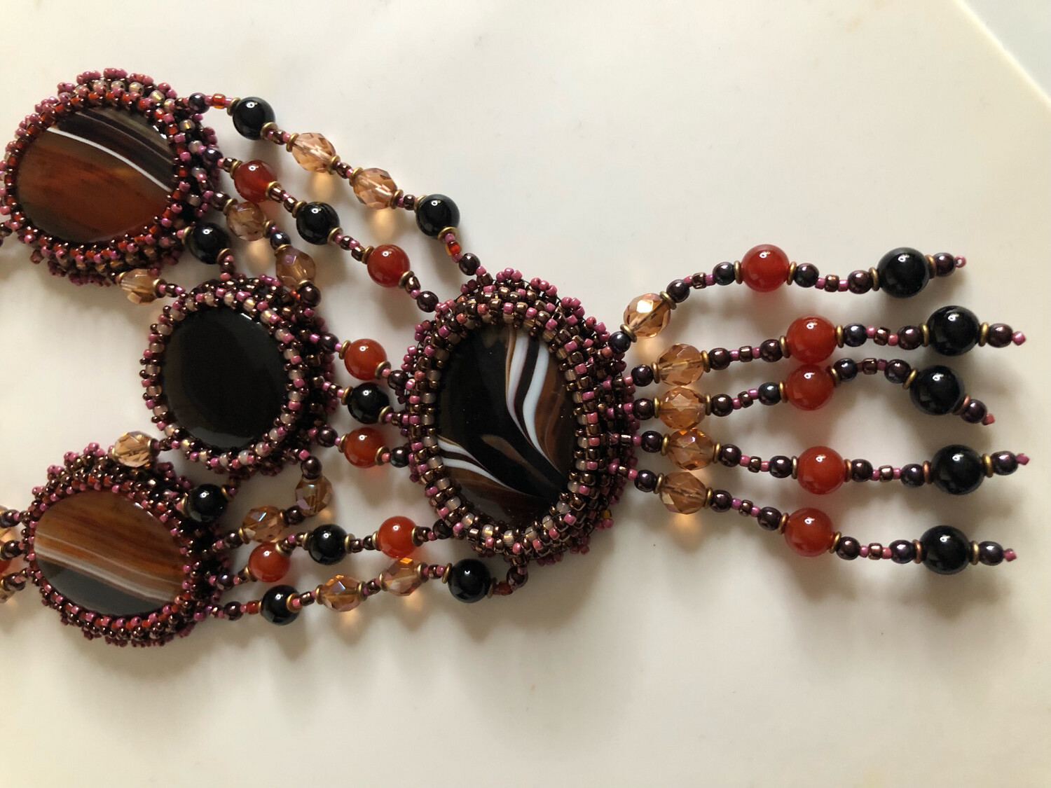 Rusted Red Agate Bead Embroidery Necklace