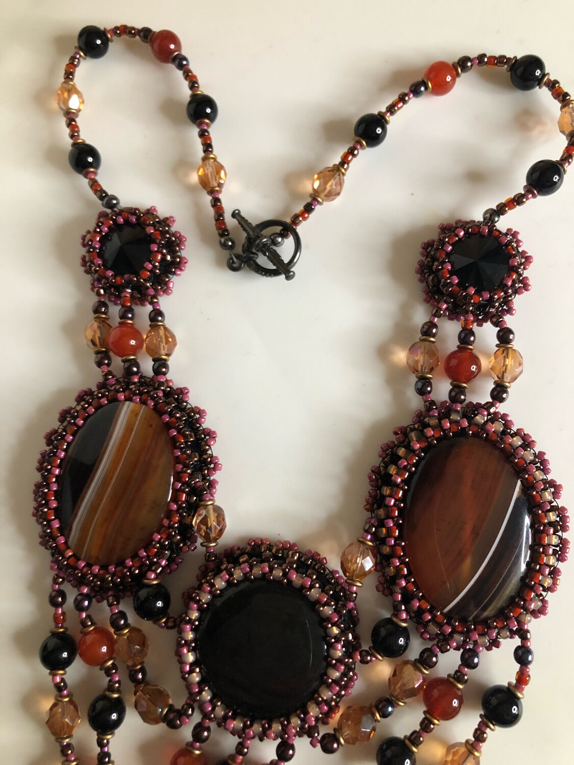 Rusted Red Agate Bead Embroidery Necklace