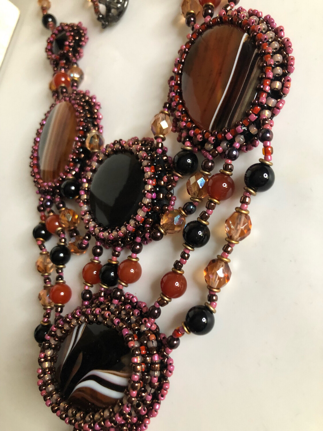Rusted Red Agate Bead Embroidery Necklace
