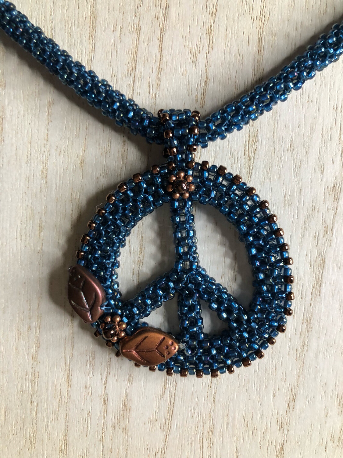 Midnight Blue and Bronze Beaded Peace Sign