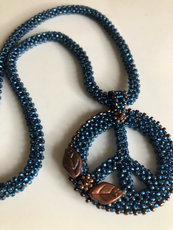 Midnight Blue and Bronze Beaded Peace Sign