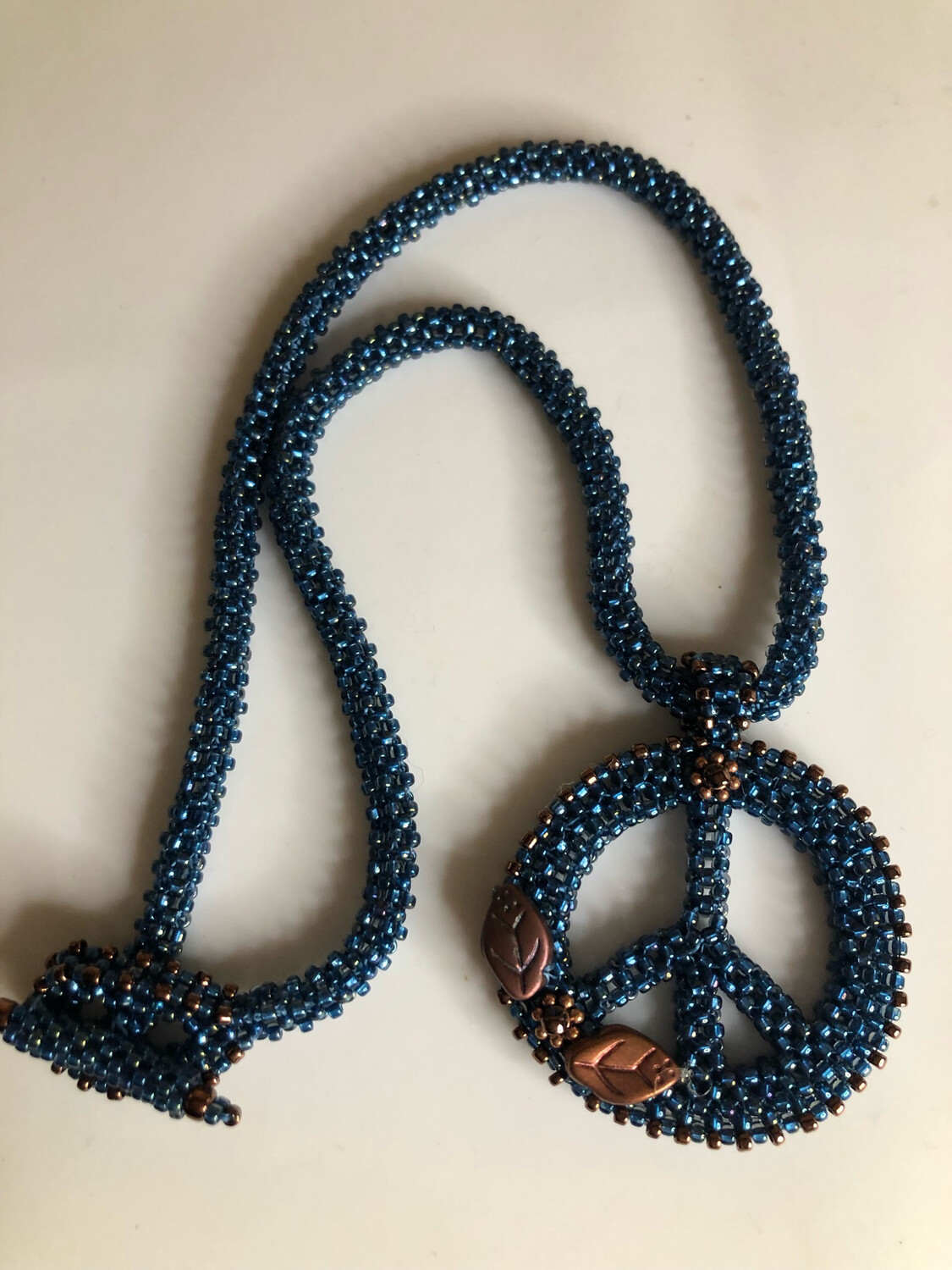 Midnight Blue and Bronze Beaded Peace Sign