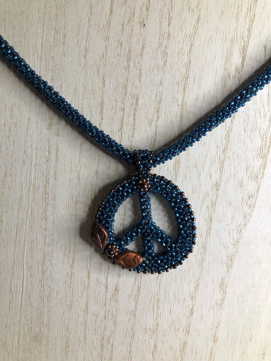 Midnight Blue and Bronze Beaded Peace Sign