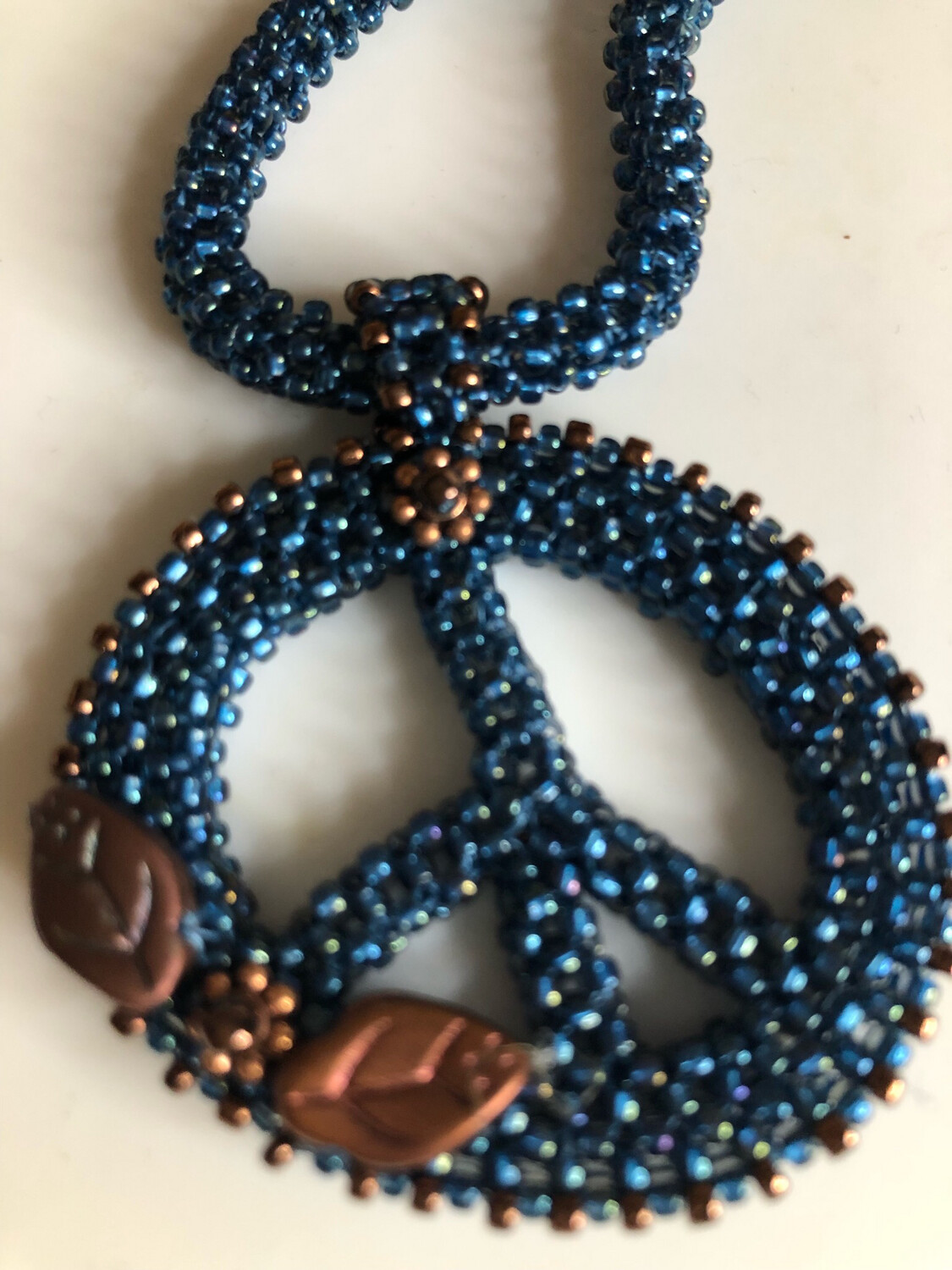 Midnight Blue and Bronze Beaded Peace Sign