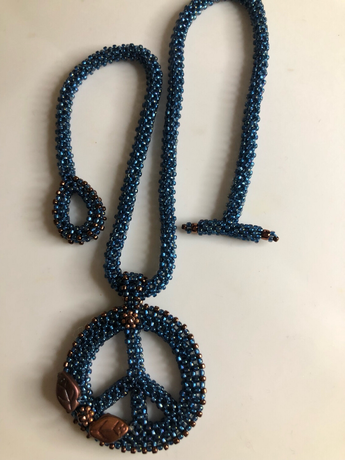 Midnight Blue and Bronze Beaded Peace Sign