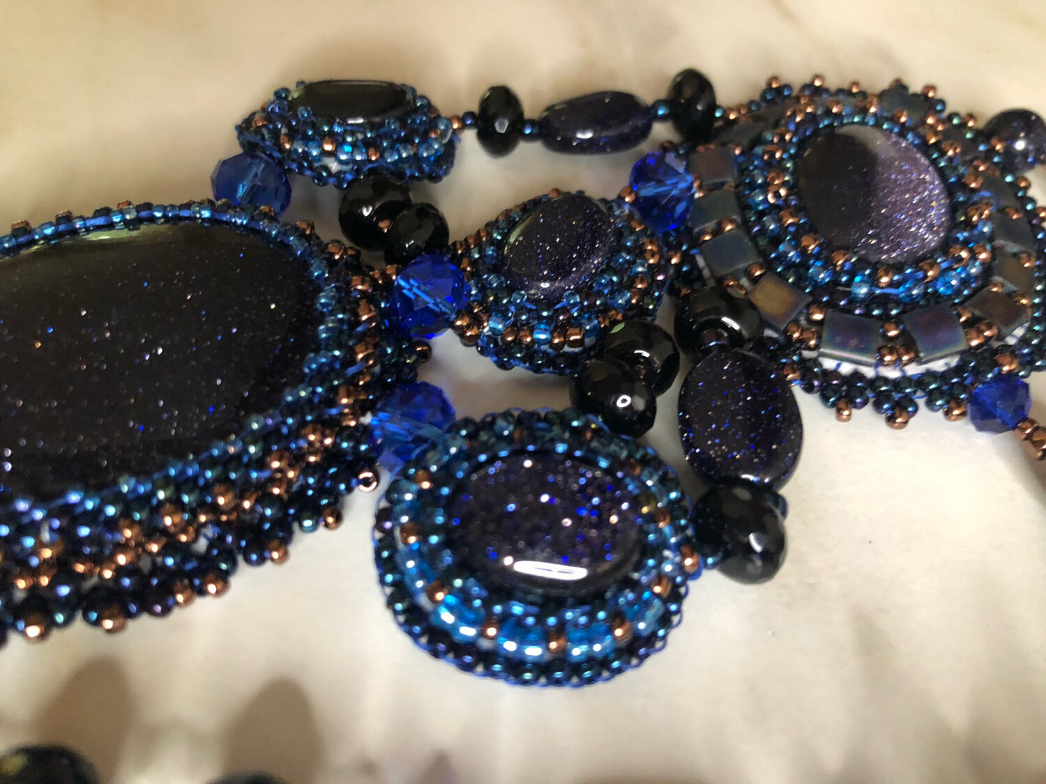 Blue Sand Stone Bead Embroidery Necklace