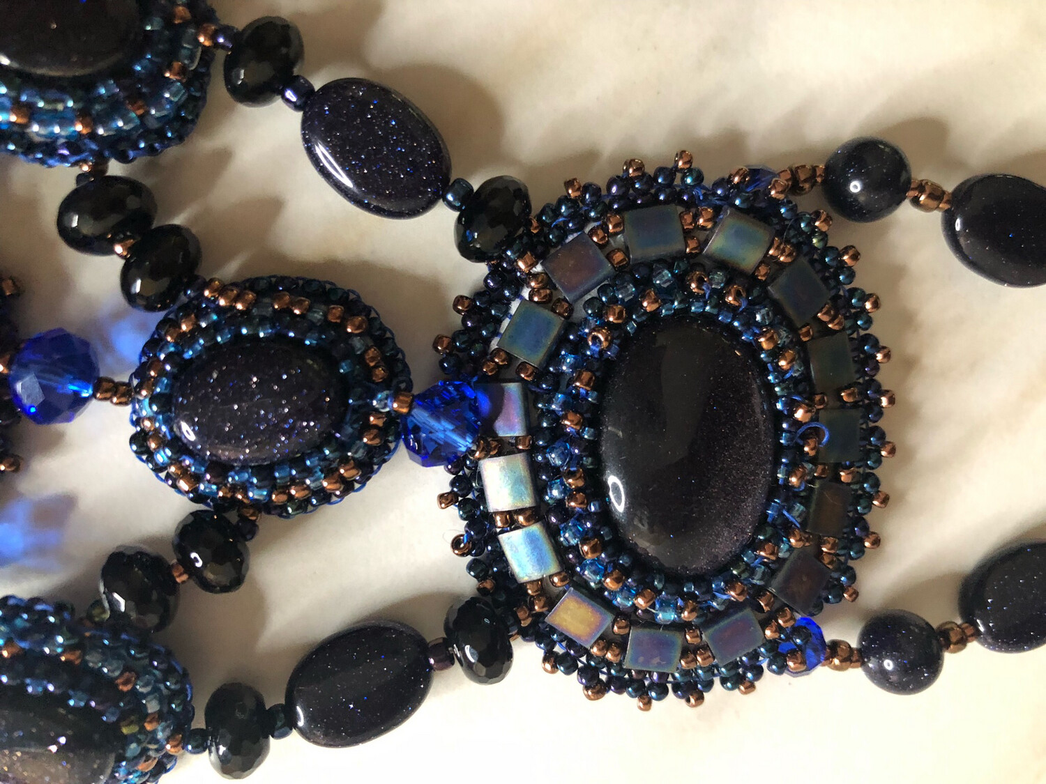 Blue Sand Stone Bead Embroidery Necklace
