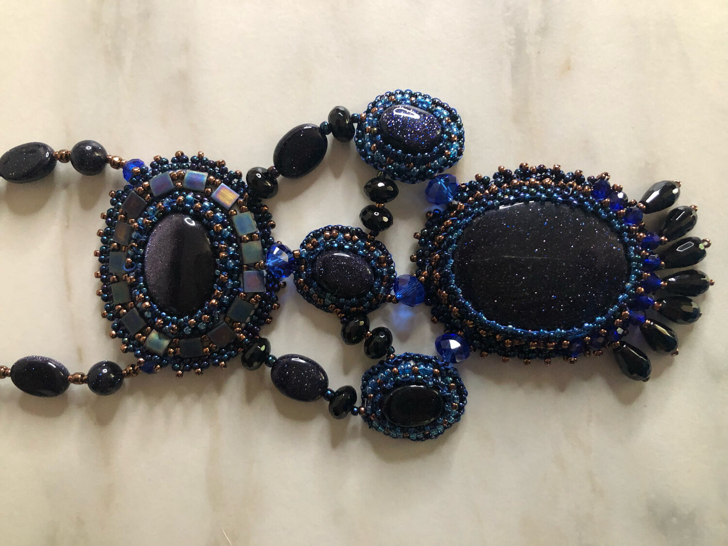Blue Sand Stone Bead Embroidery Necklace