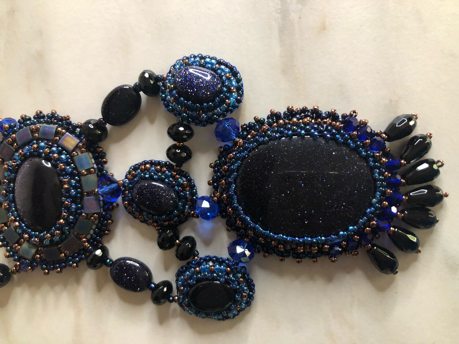 Blue Sand Stone Bead Embroidery Necklace