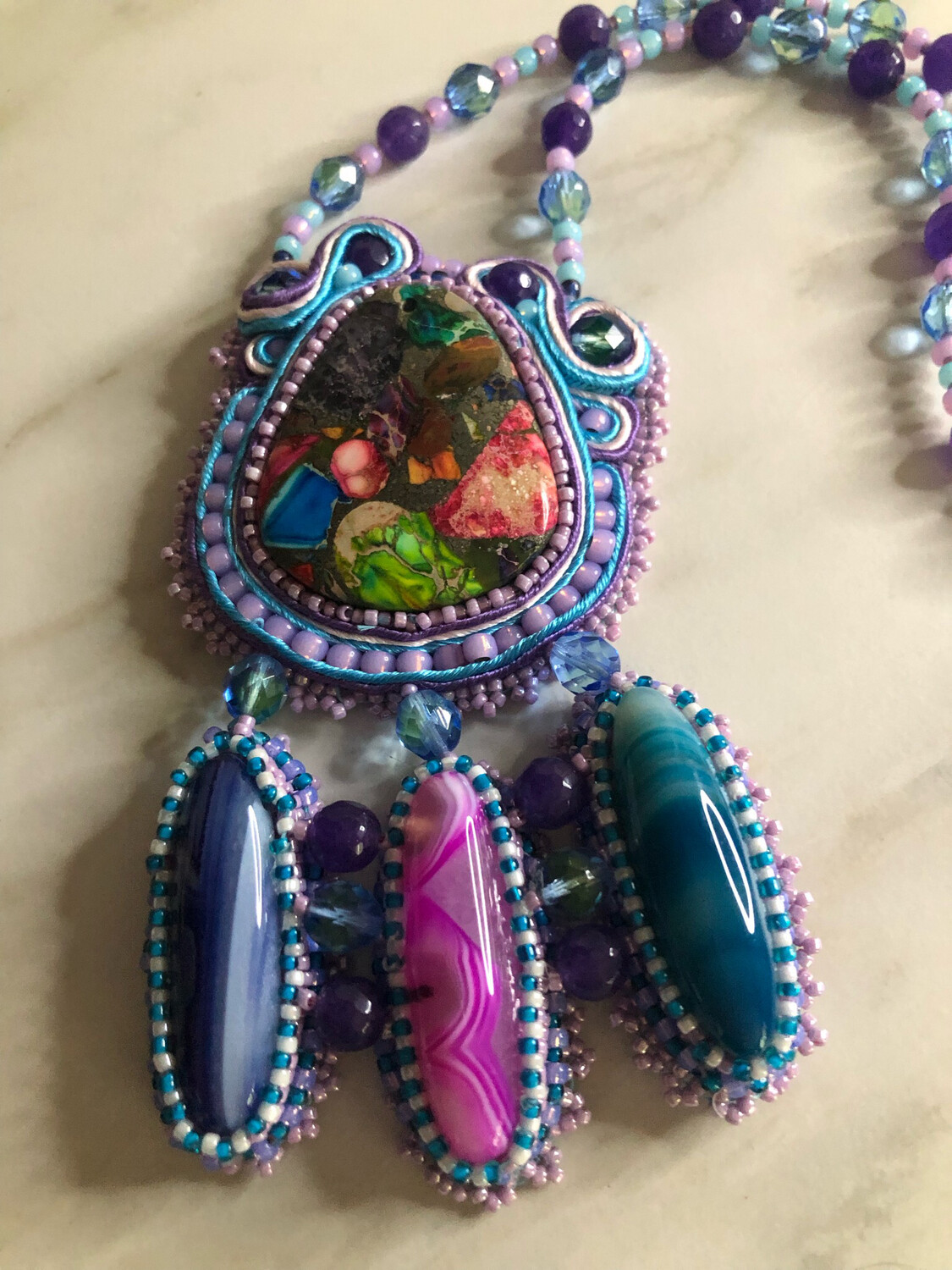 Sea Sediment Jasper Soutache Bead Embroidery Necklace