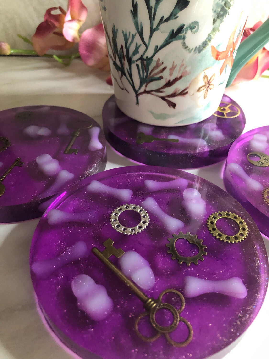 Upside Down Spooky Skulls And Gears Coasters
