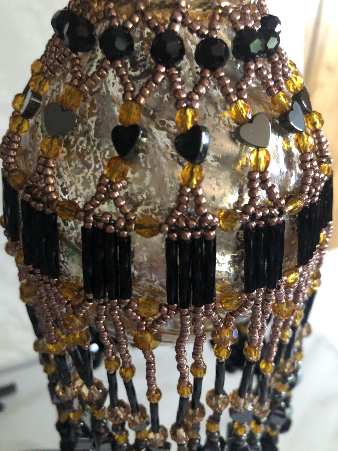 Hematite And Topaz Beaded Christmas Ornament And Glass Bulb