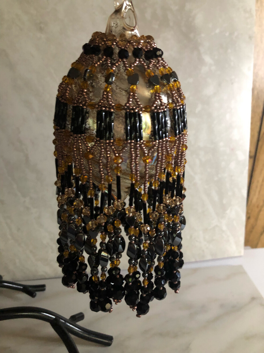 Hematite And Topaz Beaded Christmas Ornament And Glass Bulb