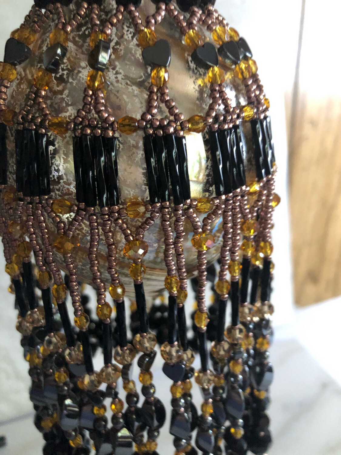 Hematite And Topaz Beaded Christmas Ornament And Glass Bulb