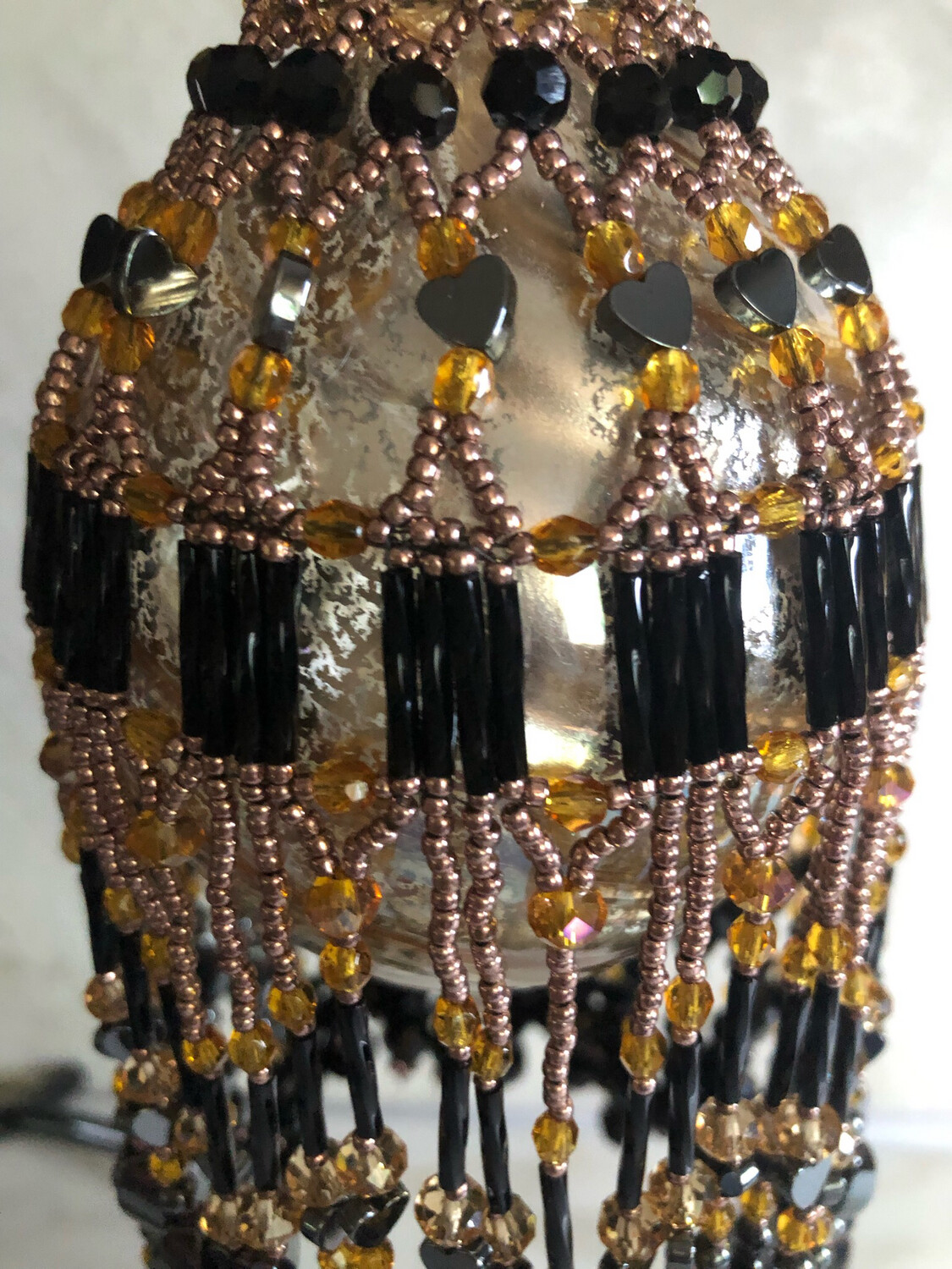 Hematite And Topaz Beaded Christmas Ornament And Glass Bulb