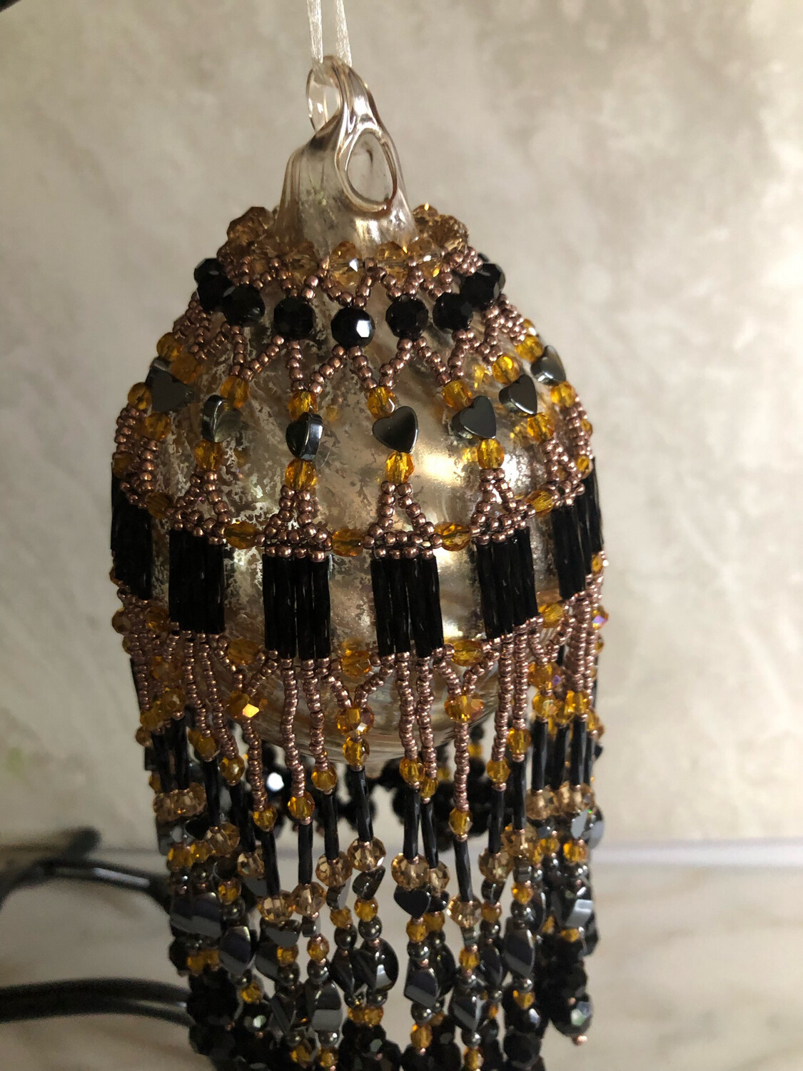 Hematite And Topaz Beaded Christmas Ornament And Glass Bulb