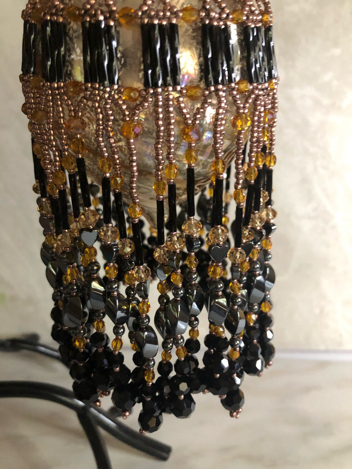 Hematite And Topaz Beaded Christmas Ornament And Glass Bulb