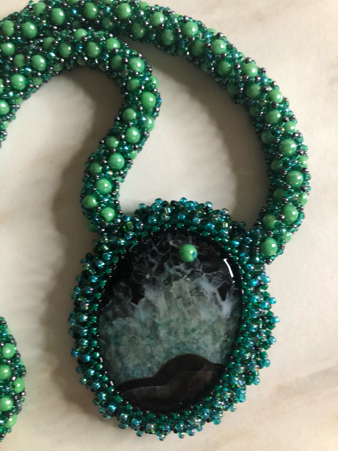 Casual Green Agate Druzy Geode Bead Embroidery Pendant