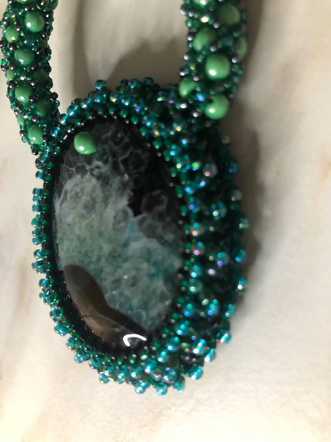 Casual Green Agate Druzy Geode Bead Embroidery Pendant