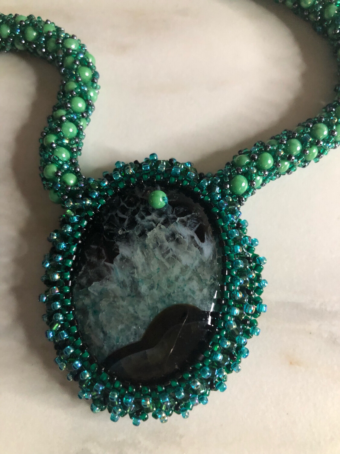 Casual Green Agate Druzy Geode Bead Embroidery Pendant