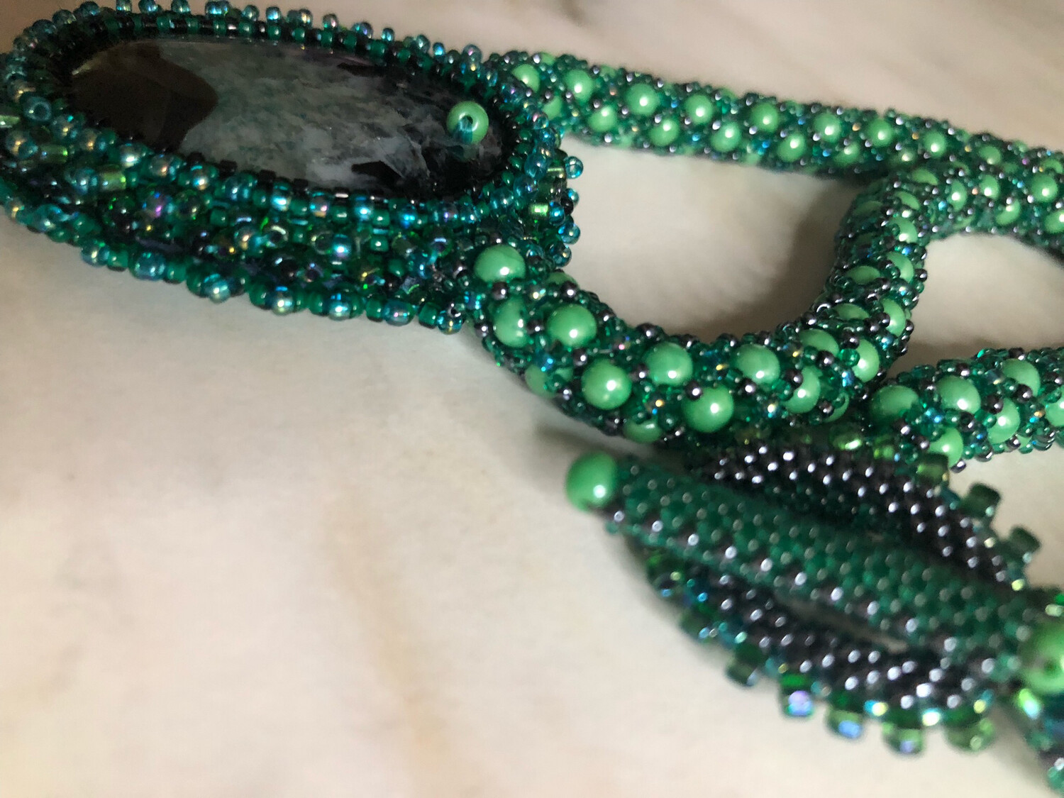 Casual Green Agate Druzy Geode Bead Embroidery Pendant