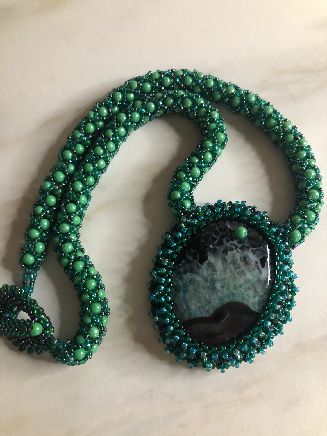 Casual Green Agate Druzy Geode Bead Embroidery Pendant