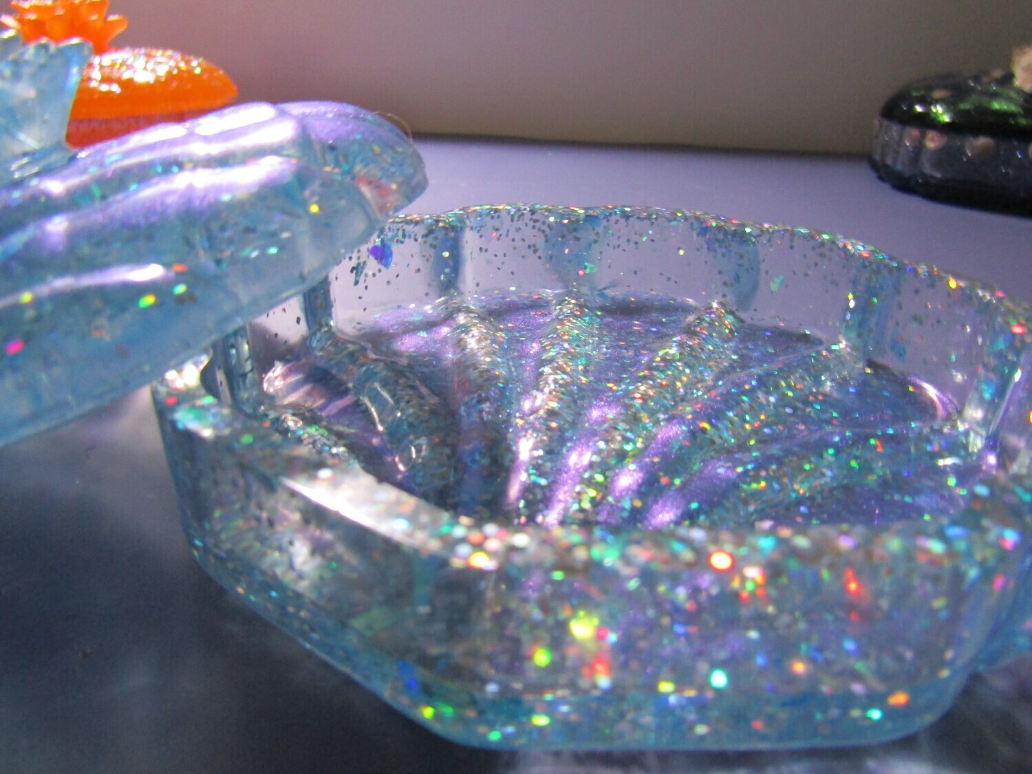 Blue Holographic Glitter Clam Shell Trinket Box