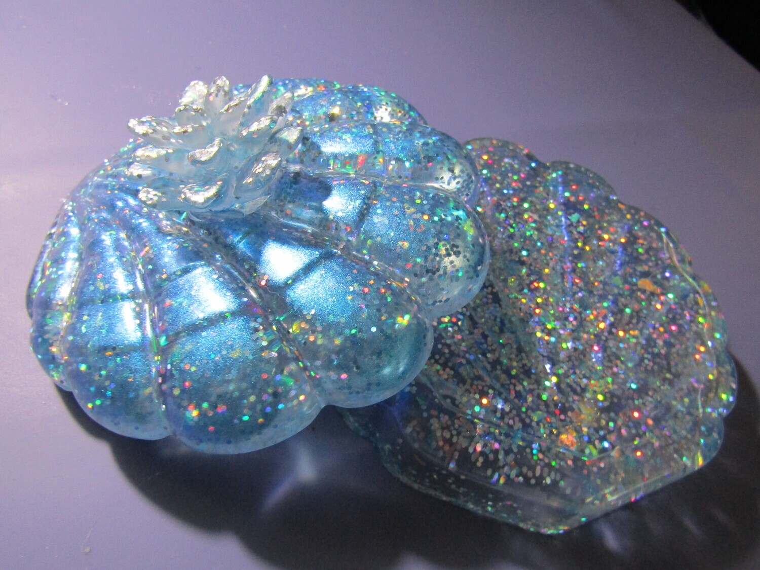 Blue Holographic Glitter Clam Shell Trinket Box