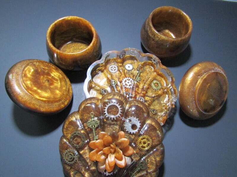 Bronze and gold steampunk trinket clam shell and jars