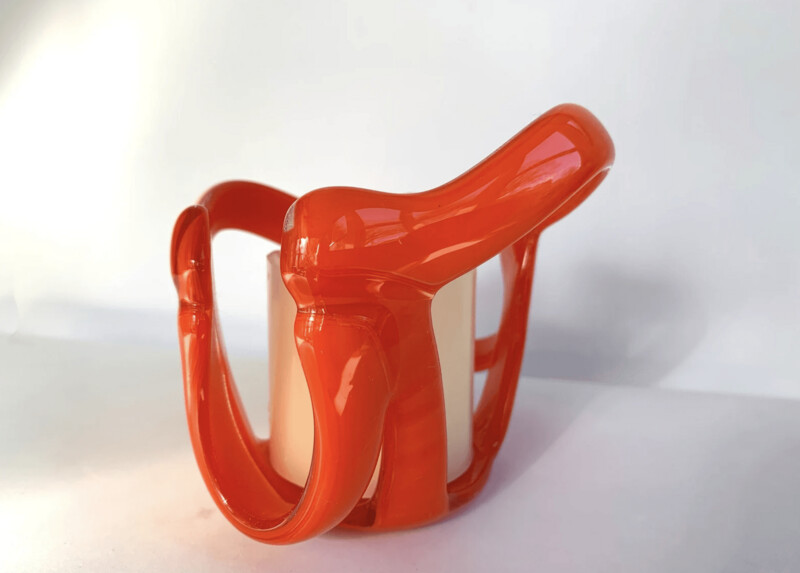 Orange Streaky Freeform Glass Sculpture, Glass Art, Candle Holder