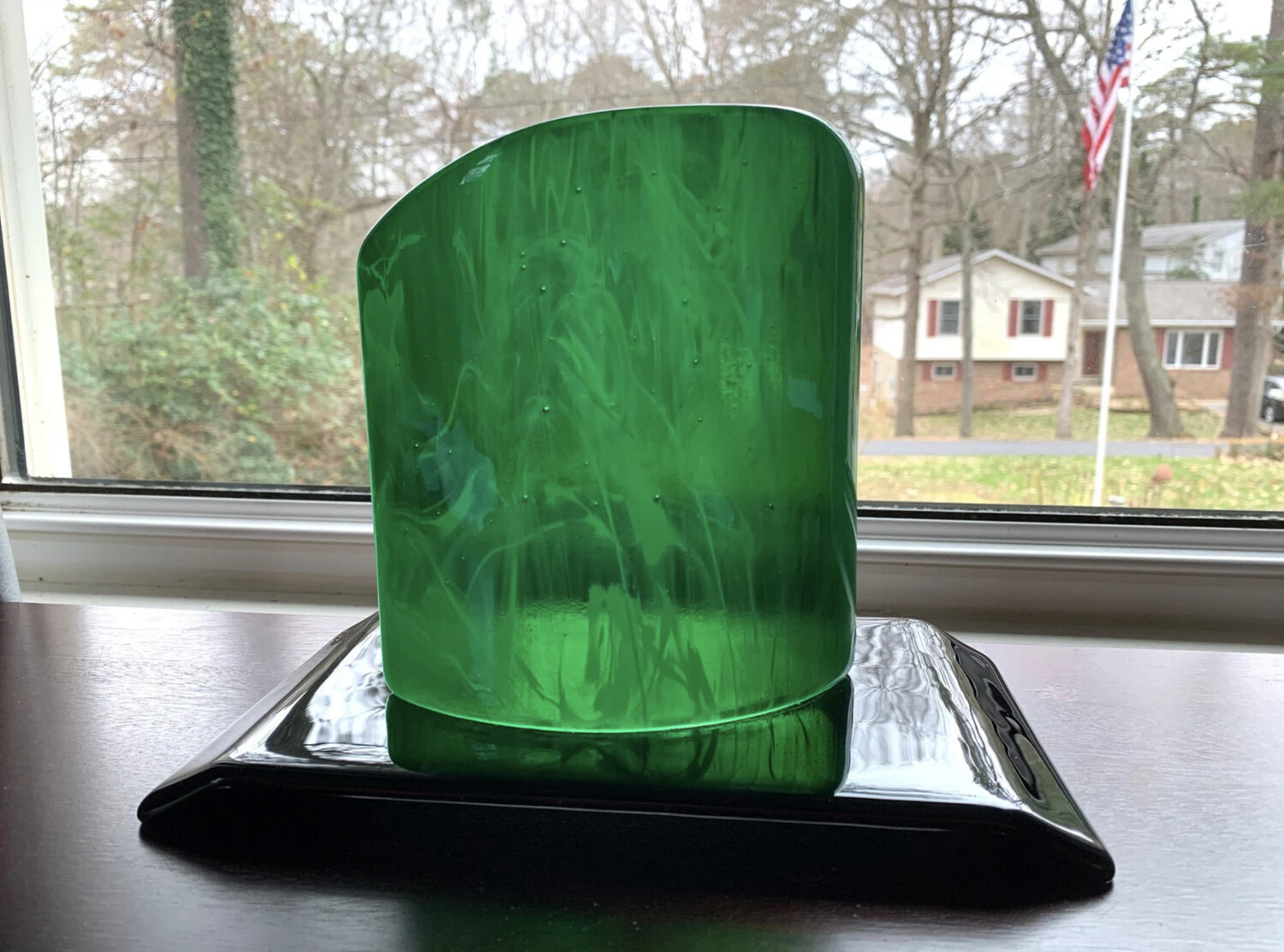 Green Glass Table Sconce w/Black Stand, Art Glass Sculpture