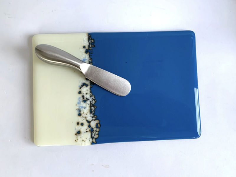 Blue & White Glass Cheese Board w/Cheese Spreader
