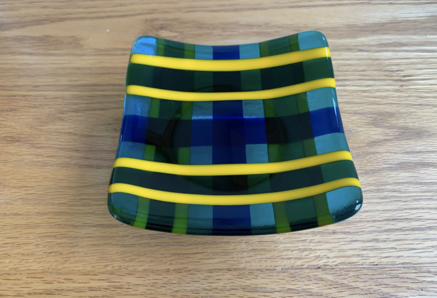 Plaid Fused Glass Plate, Candle Holder, Trinket Dish