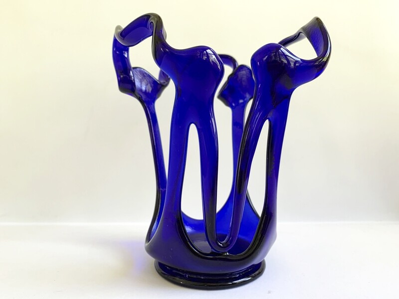 Blue Freeform Glass Sculpture, Home Decor Glass Art, Candle Holder, Candle Included