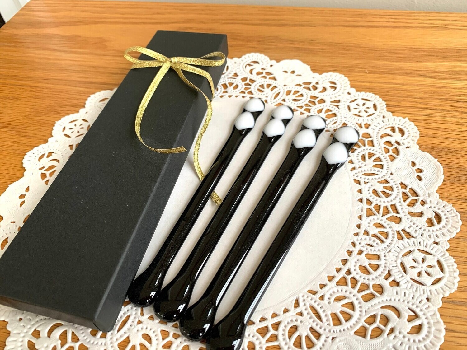 4-6” Handmade Black & White Diamond Glass Swizzle Stick Set