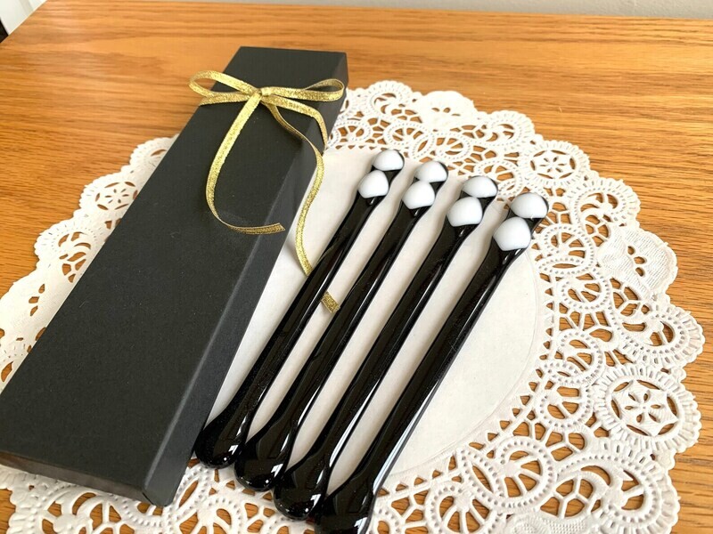 4-6” Handmade Black & White Diamond Glass Swizzle Stick Set