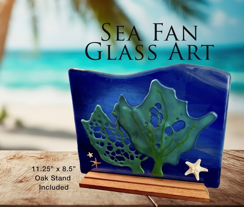 Sea Fans, Star Fish Decorative Glass Art, Oak Stand Included