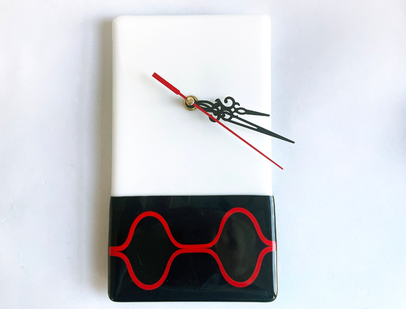 Black White Glass Wall Clock with Red Glass Lines